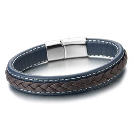 COOLSTEELANDBEYOND Men Women Blue Brown Braided Leather Bracelet, Genuine Leather Wristband with Steel Magnetic Clasp