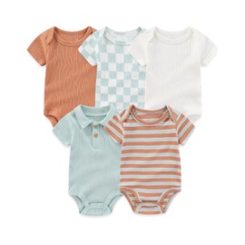 MAMIMAKA Newborn Baby Short Sleeve Bodysuits 5 Pack Cotton One-Piece Baby Boy Clothes Teal, 0-3 Months