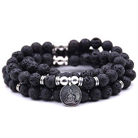 Self-Discovery Natural 108 Mala Beads Bracelet Necklace Meditation Jewelry with Yoga Charm (Lava)