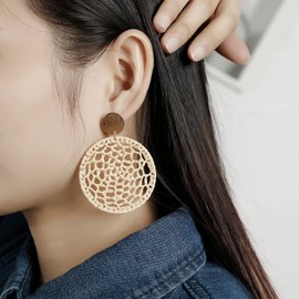 RUOFFETA Statement Raffia Round Earrings, Handwoven Dream Catcher Earrings Bohemian Jewelry for Women(Beige)