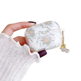 Faneiy for AirPods Pro 2 Generation(2022) Case with Keychain,Cute Clear Glitter Flower Floral Protective Earphone Cover Case,Soft Transparent TPU for AirPods Pro Case Women Girl-White