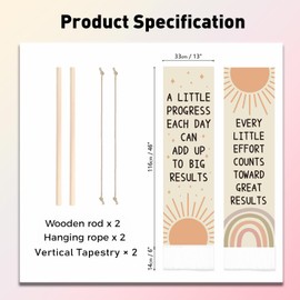 PLIGREAT Pack of 2 Positive Wall Hanging Boho Sun Rainbow Art Tapestry with Tassels Vertical Motivational Quotes Tapestry for Living Room Home Decor