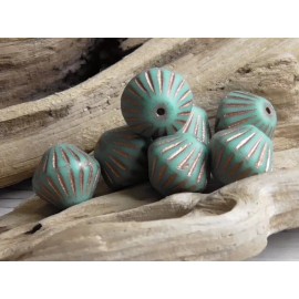Czech 6 - 12x10mm CZECH MATTE OPAQUE TURQUOISE, COPPER WASH TRIBAL BICONE GLASS BEADS
