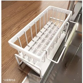 LOHASホームカーボンスチールキッチンシンクキャディ、スポンジホルダーセルフドレンソープディッシュ、キッチンカウンタートップオーガナイザー用取り外し可能な食器用クロスラック付き、白い