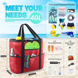 EASYFUN Beach Bag Large Mesh Beach Bag Lightweight Beach Tote with 9 Pockets Foldable Vacation Trip Essentials