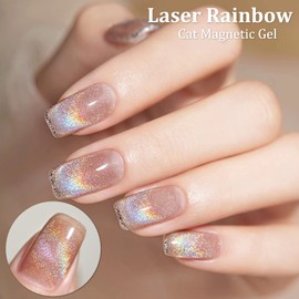 AHAMIOU Cat Eye Gel Nail Polish, Rainbow Holographic Cat Eye Gel Nail Polish Sliver Cat Eye Gel Nail Polish Magnetic Gel Polish with Rainbow Holographic Shine Effect One Magnetic Stick (Golden)