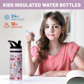 pluseight Kids Insulated Water Bottle with Straw Lid, 20 oz BPA-Free Double Wall Vacuum Tumbler 18/8 Stainless Steel Leak Proof Kids Cups with Straw for School Travel Boys Girls (Love Elephant)