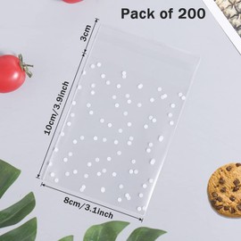 200 Pcs Clear Cellophane Bags, Cookie Bags Thickened Self Seal Cellophane Bags White Polka Dot Packaging Bag Plastic Small Sweet Bags for Bakery, Cookie, Candies, Gift (8 X 10+3cm)