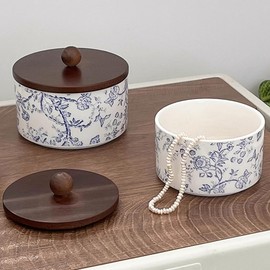 EHERDM Ceramic Jewelry Box with Wood Lid Blue White Jewelry Case Ring Holder Trinket Vintage Floral Porcelain Round Jewelry Box Trinket for Rings Earrings Necklace Bracelet Keys (Small)