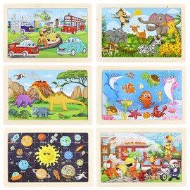 SJkeji Children's Puzzle Suitable for Children from 3, 4, 5, 6 Years and Older, 6 x 30 Pieces Wooden Puzzle, Dinosaurs, Animals, Fire Brigade, Sea, Space, Vehicles, Educational Toy for Preschool