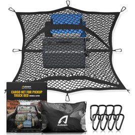 AUTOWN Cargo Net for Pickup Truck Bed - Stretchable 4'x4' to 7'x7', High Elastic Fine Mesh 1''x1'' with 8 Metal Carabiners - Ideal for ATV, SUV, UTV, Truck and Boat Use (Double Layer)