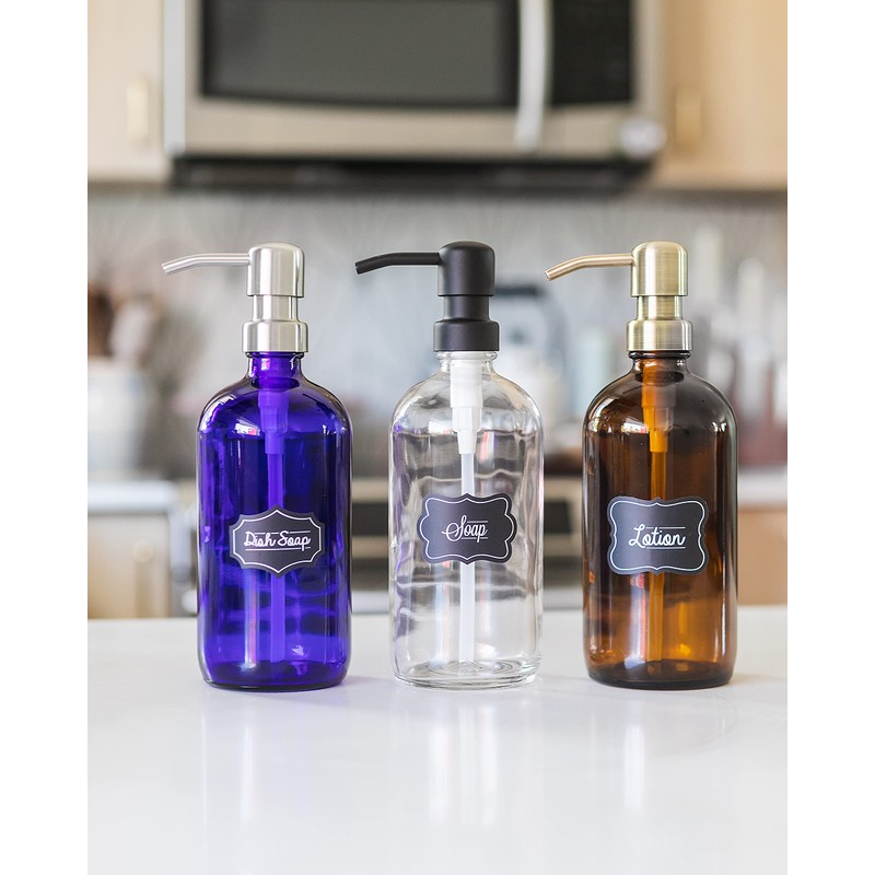 Amber Glass Bottle Soap and Lotion Dispenser with Brass Pump