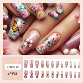 Flower Press on Nails Medium Long Coffin Fake Nails with Designs Pink Spring False Nails Floral Butterfly Acrylic Nails Coffin Shaped Glue on Nails Full Cover Stick on Nails for Women Supplies 24Pcs