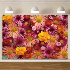 YongFoto Daisy Flowers Wall Backdrop 10x8ft Red Yellow Chrysanth 3D Floral Photography Background Birthday Bridal Shower Wedding Party Banner Room Decor Photoshoot Wallpaper Studio Booth Props