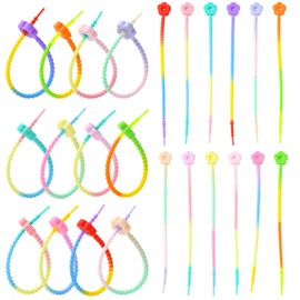 Ipotkitt 24pcs 12 Styles Gradient Color Silicone Zip Ties Flower Tip Cord Organizer Strap Reusable Zip Ties for Bouquet Home Office Wire Item Management