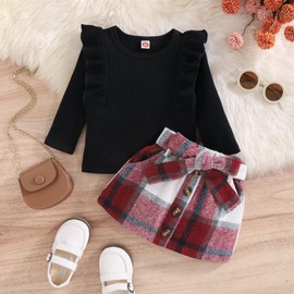 Noubeau Toddler Baby Girls Plaid Outfits Knit Ribbed Sweatshirt Shirt Tops Red Plaid Belt Skirt Fall Winter Clothes (Black, 2-3T)