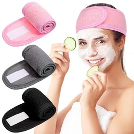 Wanmu 3 Pack Spa Facial Headband, Adjustable Soft Hair Towel Wrap for Women, Non-Slip Stretchable Makeup Head Band for Washing Face, Sports, Makeup and Shower(Grey, Black, Pink)