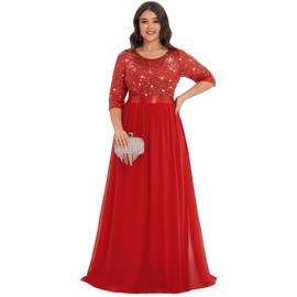 Ever-Pretty Women's Round Neck Maxi Dresses Sequin Plus Size Formal Dresses for Women Red US18