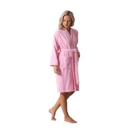 Luxurious Turkish Cotton Kimono Collar Super-Soft Terry Absorbent Bathrobes for Women (Pink, XX-Large)