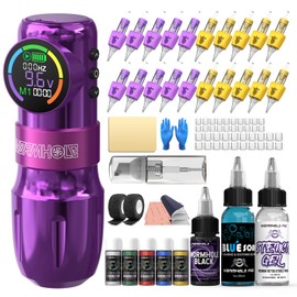 Wormhole Tattoo Gun Kit Wireless Tattoo Kit Tattoo Machine with Digital LED Display, 1,500 mAh Capacity Battery, Normal/Jump-Start/Dot Working Mode, 20Pcs Tattoo Needles Tattoo Pen Kit-Purple