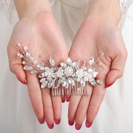 IYOU Bridal Wedding Hair Comb Silver Glittering Rhinestone Side Comb Shiny Crystal Flower Hairpiece Bridal Pearl Leaves Hair Accessories for Women and Girls