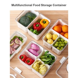 auons Food Containers with Lids, Refrigerator Organizer Bins, Fridge Organization Vegetable Fruit Storage Container, Draining Produce Storage Saver Containers with Handle, 4-grids B