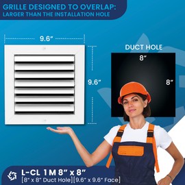Aluminum 1-Way Vent Cover: Adjustable Curved Blade Air Supply HVAC Diffuser - 8x8-Plastic Seal for Tight Fit, Quiet Air Flow, Multi-Shutter Damper-[Front Grille Size:9.6x9.6"][Duct Hole Size:8"x8"]