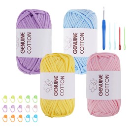 FALSKT Easy Crochet Yarn for Beginners 4x50g Chunky Yarn for Crochet Cotton Amigurumi Yarn Thick Wool for Knitting Crafts with Crochet Hook Plastic Needles Stitch Markers