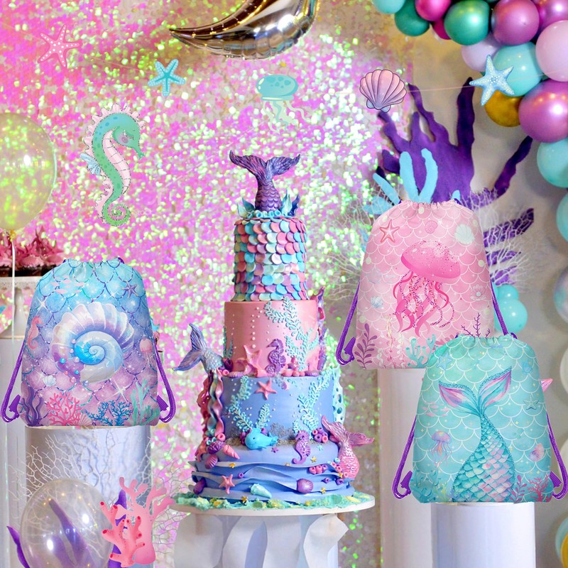 12 Pcs Mermaid Drawstring Bag Ocean Theme Backpack Organizer Great