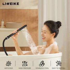 LIWEIKE Black Roman Tub Faucet, Roman Tub Faucet Set with Hand Shower 3 Hole Single Handle Deck Mount Waterfall Bathub Faucet with Sprayer Rough-in Valve,Matte Black