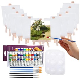 MOTRAIN 12Pcs Mini Easel Set With paint set, 5*3 Inches Easel Stands with 3 Inches Picture Frame, Tabletop Painting Canvas Tall Wood Display Easels for Artist, Students, Adults, Kids Painting, Gift Sets