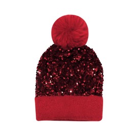 Caviotess Women Sparkly Sequins Knitted Beanie Hat Warm Winter Skull Cap with Faux Fur Pom Pom Red