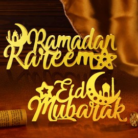 2 Pieces Eid Adha Ramadan Decorations for Home Eid Adha Mubarak Wood Sign Ramadan Kareem Sign Decoration Islamic Home Decor Gifts Wooden Letter Moon Star Desktop for Eid Adha Party Home Office