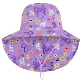 MHJY Kids Sun Hat Girls UV Protection Summer Hats Adjustable Beach Cap Unicorn Bucket Hats with Wide Brim Neck Flap for Toddlers 2-9 Years