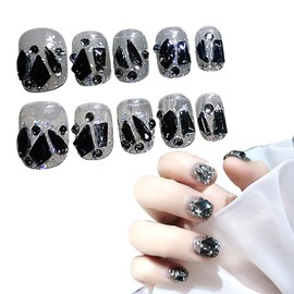 Melearch Fake Nails, 24PCS French Tip False Nails Stick on Nails, Short Square Press on Nails Black Diamond Pattern Removable Glue-on Nails, Women Girls Nail Art Accessories