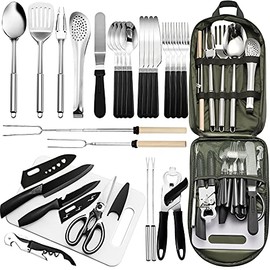 Portable Camping Kitchen Utensil Set-27 Piece Cookware Kit, Stainless Steel Outdoor Cooking and Grilling Utensil Organizer Travel Set Perfect for Travel, Picnics, RVs, Camping, BBQs, Parties and More