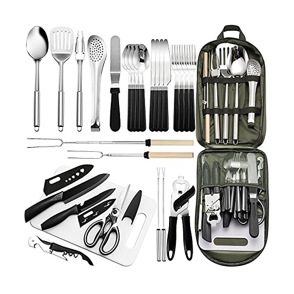 Portable Camping Kitchen Utensil Set-27 Piece Cookware Kit, Stainless Steel