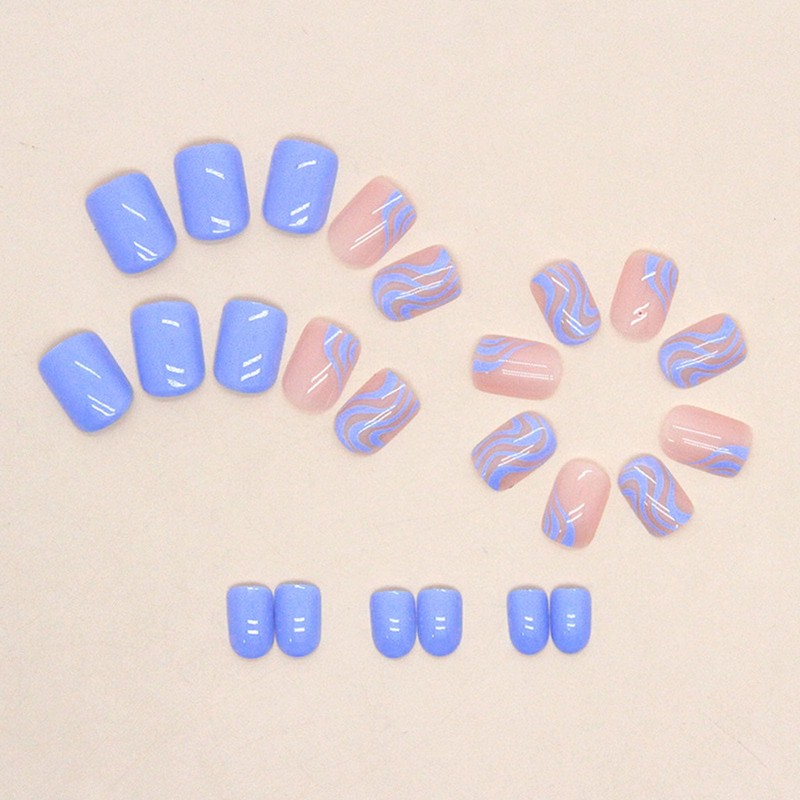 TUZANDW Short Square Blue Ripple Design Acrylic False Nails, 24