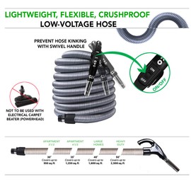 Ovo Central Vacuum Deluxe Plus Accessories Kit, With 40ft Low-Voltage hose, ON/OFF Control at the handle, 12’’ floor brush and accessories, For hard surfaces