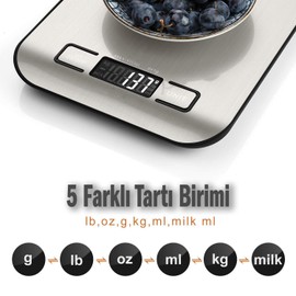 Orret Home Dijital Mutfak Terazisi, Paslanmaz Çelik Yüzeyli Hassas Tartı, Dara İşlevi, LCD Ekran,Piller Dahil 5 Birim Dönüştürme, Otomatik Kapanma Özellikli, 5 kg Kapasite