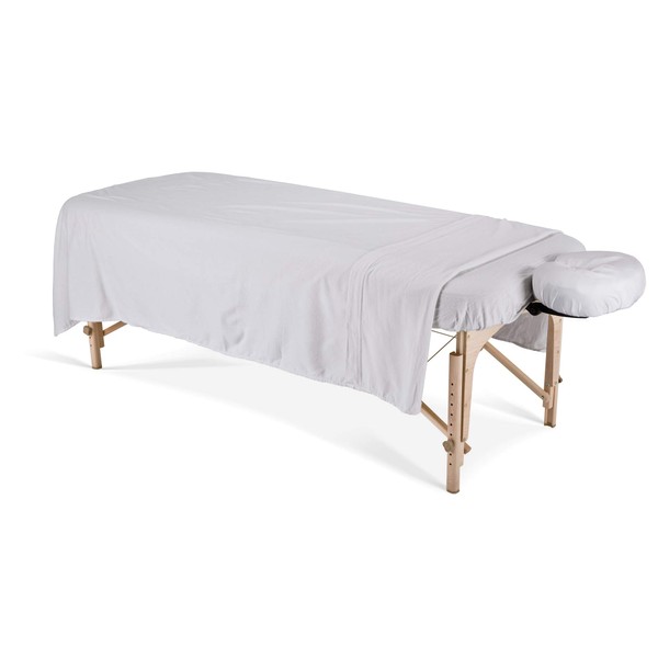 EARTHLITE DURA-LUXE Flannel Massage Table Sheet Set – Durable, Soft, Luxurious Comfort, Double-Napped Top Sheet, Fitted Sheet & Crescent Cover white