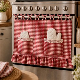 Oven Skirt Curtain, 30”x22”, Red White Check Oven Curtain for Kitchen Decor