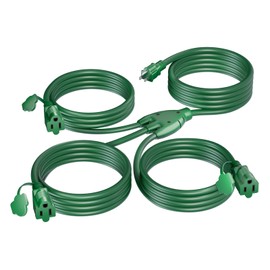 K KASONIC - 25FT Outdoor Extension Cord 1 to 3 Splitter, 3 Prong Outlets Plugs with Safety Covers, Weatherproof Extension Cord for Christmas Decorations, 16/3 SJTW, ETL Listed, Green