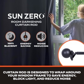 Sun Zero SN45046 Philip Ball End Blackout Room Darkening Wrap Around Decorative Curtain Rod, 66-120" Adjustable Length, Matte Black Finish, 3/4" Diameter Steel Tube