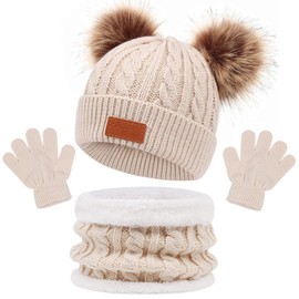 Pack of 3 Girls Winter Beanie Hat, Scarf, Gloves Set, Children's Winter Hat Scarf Gloves Set, Hat Warm Beanie Hat Boys Gloves Round Scarf Set for Children 1-6 Years Old, beige