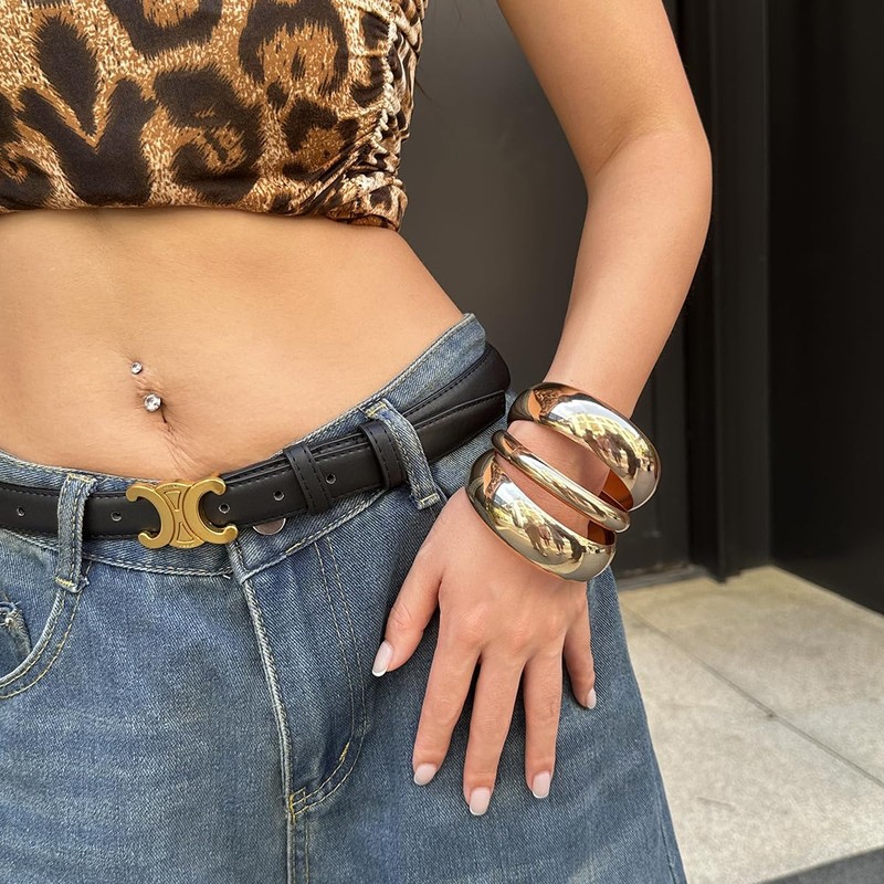 Kenjudess Chunky Gold Bangles Bracelet Set Trendy Silver Wide Cuff