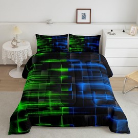 Feelyou Green Blue Bedding Set Twin Size Boys Girls Geometric Strip Lines Comforter Set for Kids Geometry Comforter Abstract Modern Duvet Set Room Decor Duvet Set