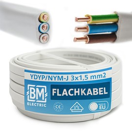 BM Electric Power Cable YDYp NYM 3 x 1.5 - Flat Cable for Window Feed-Through | Ribbon Cable 3 x 1.5 for Electrical Installation | 300/500V