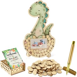 Adzt's 63 Pcs Baby Shower Event Guest Book Alternatives Set Baby Shower Decorations,60 Wood Slices Guest Book for Birthday Dinosaur, Baby Shower Guestbook with Photo Frame Baby Frame Keepsake