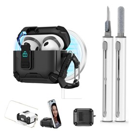 JIEYOUTA Funda de Uso Rudo para AirPods 4, con Cerradura de Seguridad Magnética, Capacidad Imántica, Soporte para Teléfono Móvil, Protección contra Caídas, Arañazos y Polvo, Incluye Kit de Limpieza